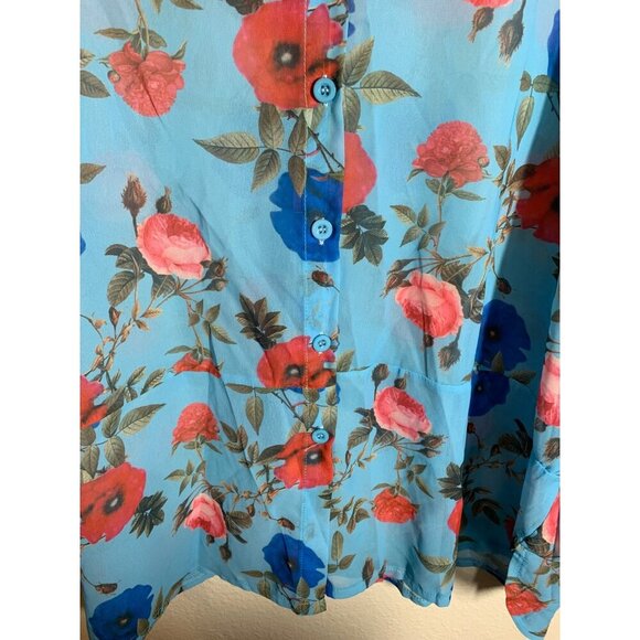 Miss Look Blouse Sheer Floral Top Blue Y2K Business Casual Granny 90s Size Large - Picture 3 of 5